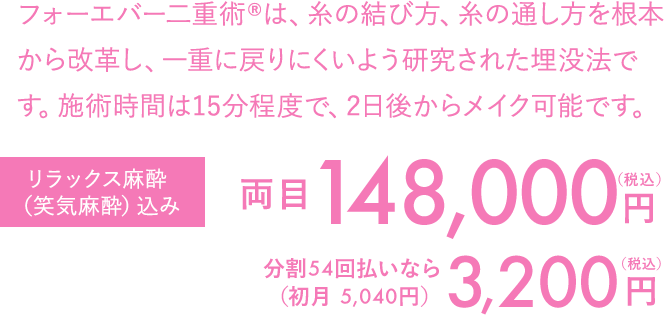 フォーエバー二重術®は、糸の結び方、糸の通し方を根本から改革し、一重に戻りにくいよう研究された埋没法です。施術時間は15分程度で、2日後からメイク可能です。