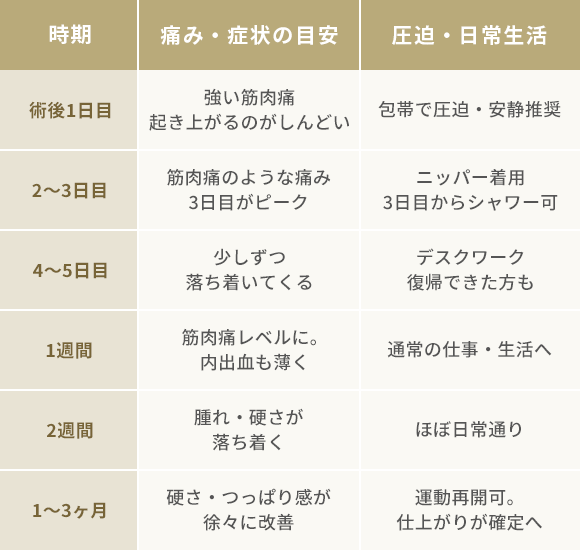 時期/痛み・症状の目安/圧迫・日常生活|術後1日目/強い筋肉痛起き上がるのがしんどい/包帯で圧迫・安静推奨|2〜3日目/筋肉痛のような痛み3日目がピーク/ニッパー着用 3日目からシャワー可|4〜5日目/少しずつ落ち着いてくる/デスクワーク復帰できた方も|1週間/筋肉痛レベルに。内出血も薄く/通常の仕事・生活へ|2週間/腫れ・硬さが落ち着く/ほぼ日常通り|1〜3ヶ月/硬さ・つっぱり感が徐々に改善/運動再開可。仕上がりが確定へ