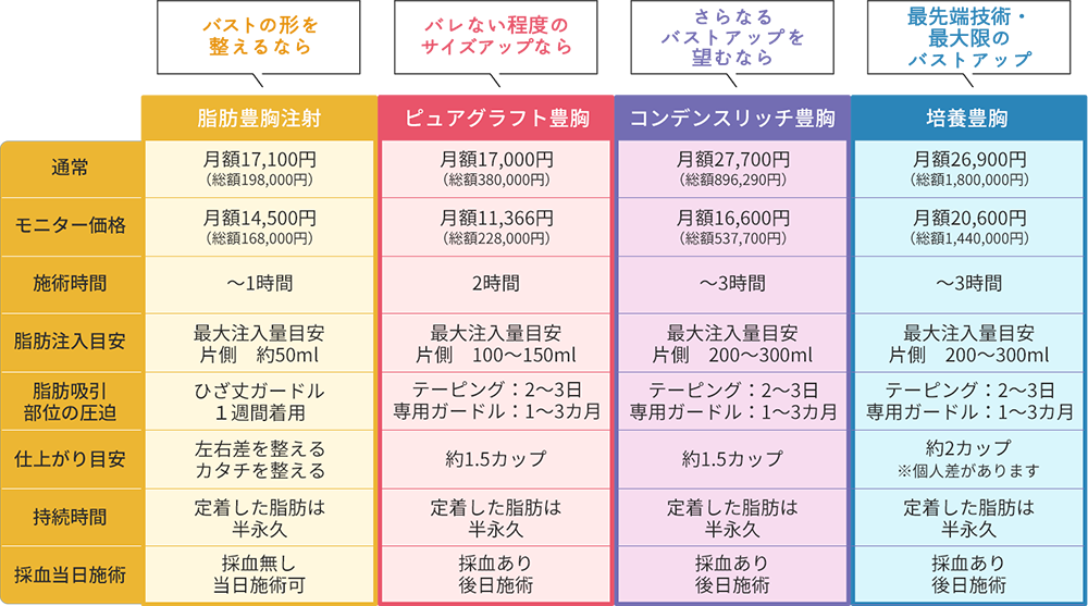 Comparison お手軽プランから本格プランまで脂肪注入豊胸比較