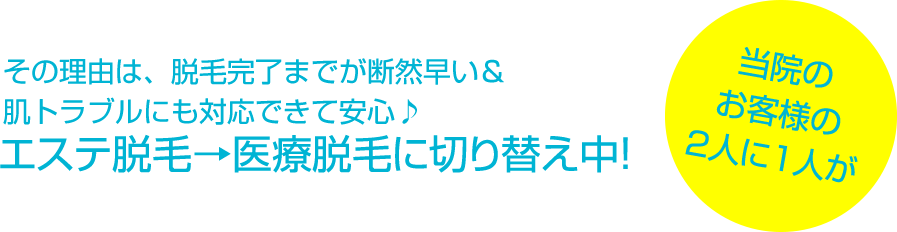 その理由は、エステ脱毛では実感できない高い効果！脱毛完了までが断然早い＆肌トラブルにも対応でき、安心♪