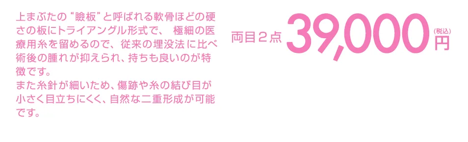 上まぶたの“瞼板”と呼ばれる軟骨ほどの硬さの板にトライアングル形式で、 極細の医療用糸を留めるので、従来の埋没法に比べ術後の腫れが抑えられ、持ちも良いのが特徴です。また糸針が細いため、傷跡や糸の結び目が小さく目立ちにくく、自然な二重形成が可能です。