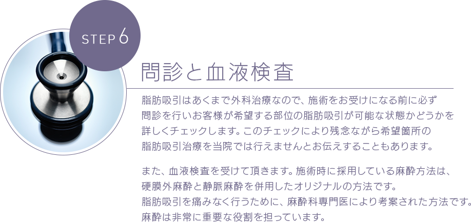 STEP 6 問診と血液検査 脂肪吸引はあくまで外科治療なので、施術をお受けになる前に必ず問診を行いお客様が希望する部位の脂肪吸引が可能な状態かどうかを詳しくチェックします。このチェックにより残念ながら希望箇所の脂肪吸引治療を当院では行えませんとお伝えすることもあります。 また、血液検査を受けて頂きます。施術時に採用している麻酔方法は、硬膜外麻酔と静脈麻酔を併用したオリジナルの方法です。脂肪吸引を痛みなく行うために、麻酔科専門医により考案された方法です。麻酔は非常に重要な役割を担っています。