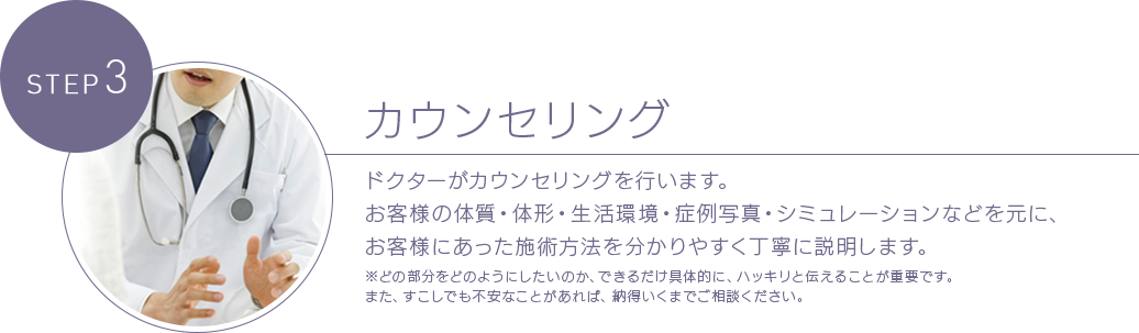 STEP 3 インフォーフォムドコンセント 湘南美容クリニックでは、インフォームドコンセントにより、施術においてのリスク、施術方法、麻酔方法などの詳細を説明します。患者様、ドクター双方同意を得て初めて、手術を行うことができます。※インフォームドコンセントとは・・・手術などに際して、医師が病状や治療方針を分かりやすく説明し、患者の同意を得ることです。