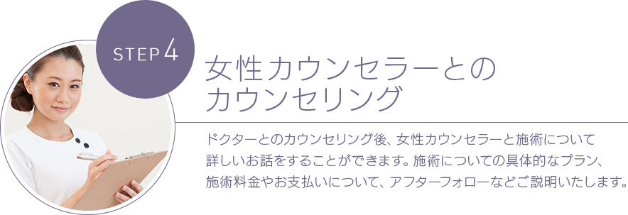 STEP 4麻酔 安心麻酔は麻酔科認定医が美容外科手術の為に考えた、より安全でより痛みを抑えることを目的とした麻酔法です。手術前の緊張や不安を抑える効果も期待できます。