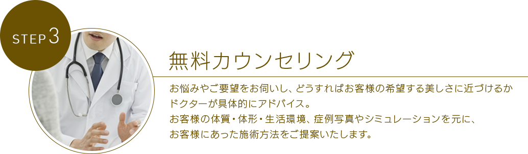 STEP 3無料カウンセリング お悩みやご要望をお伺いし、どうすれば貴方の希望する美しさに近づけるかドクターが具体的にアドバイス。?患者様の体質・体形・生活環境、症例写真やシミュレーションを元に、あなたにあった施術方法をご提案いたします。