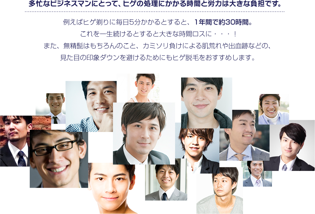 多忙なビジネスマンにとって、ヒゲの処理にかかる時間と労力は大きな負担です。例えばヒゲ剃りに毎日5分かかるとすると、1年間で約30時間。これを一生続けるすると大きな時間ロスに・・・！また、無精ヒゲはもちろんのこと、カミソリ負けによる肌荒れや出血跡などの、見た目の印象ダウン避けるためにもヒゲ脱毛をおすすめします。