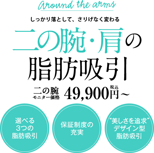 BELLY しっかり落として、さりげなく変わる 二の腕・肩の脂肪吸引 二の腕 モニター価格 あなたにあった最適な方法をご提案 症例実績45,994件 安心の保証制度付き