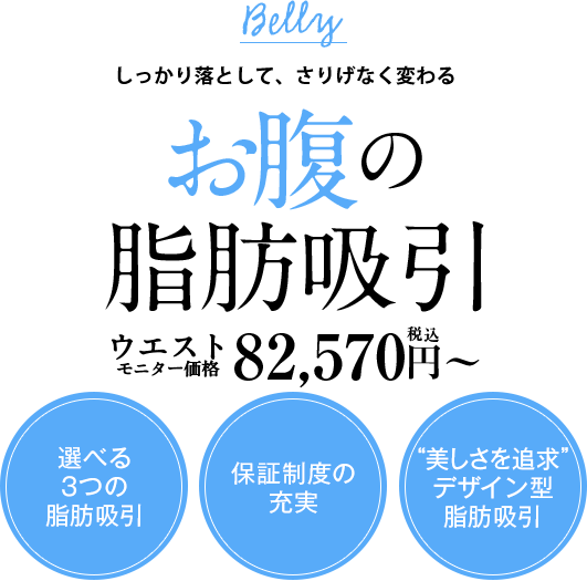 BELLY しっかり落として、さりげなく変わる お腹の脂肪吸引 ウエスト モニター価格 あなたにあった最適な方法をご提案 症例実績45,994件 安心の保証制度付き